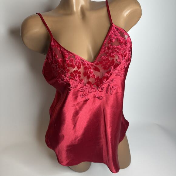 Vintage Private Luxuries Red Satin Slip Dress Nightgown Small Sheer Top Babydoll - Picture 1 of 11
